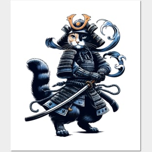 Cool Retro Cat Samurai Portrait Ninja Japan Art Posters and Art